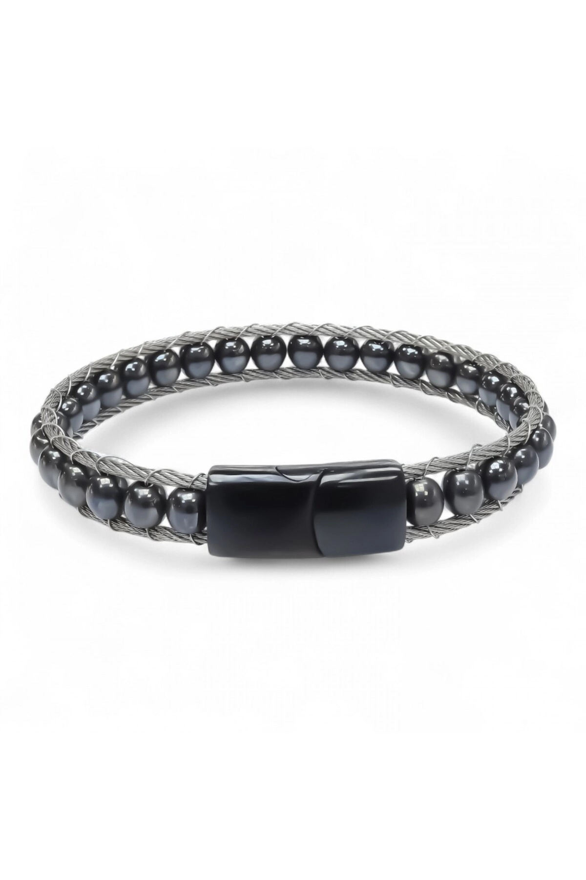 Hematit Doğaltaş Ve Çelik Halat Örme Bileklik-5