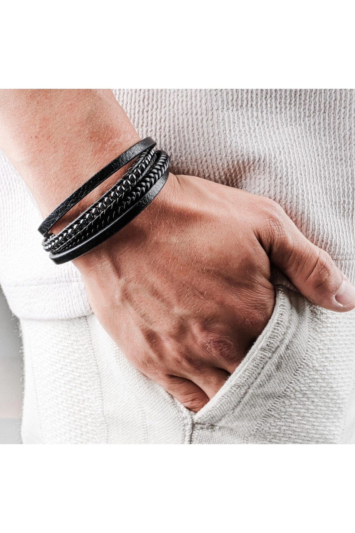 Hematit Doğaltaş Ve Deri Çoklu Bileklik-1