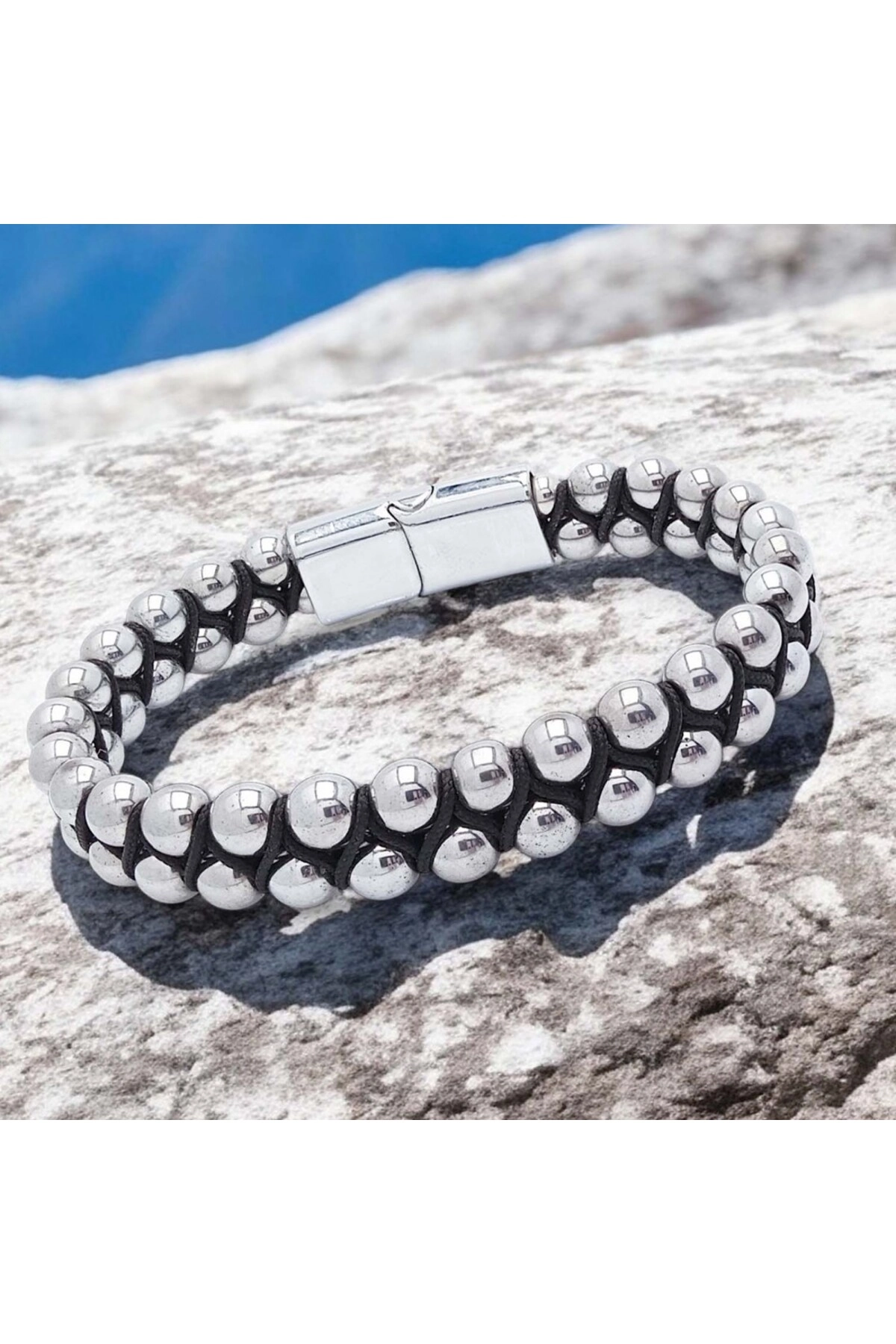 Hematit Ve Çelik Halatlı Erkek Bileklik-5