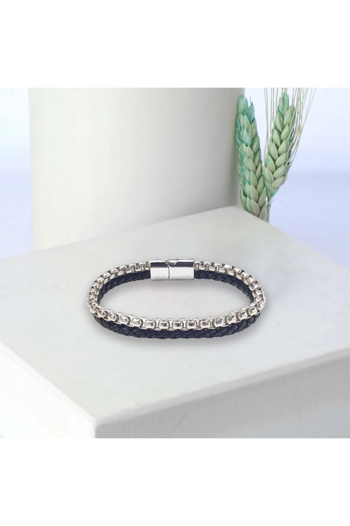 İkili Deri Ve Çelik Zincir Bileklik | Yeni Yıl Hediyesi | Yılbaşı Hediyesi-1