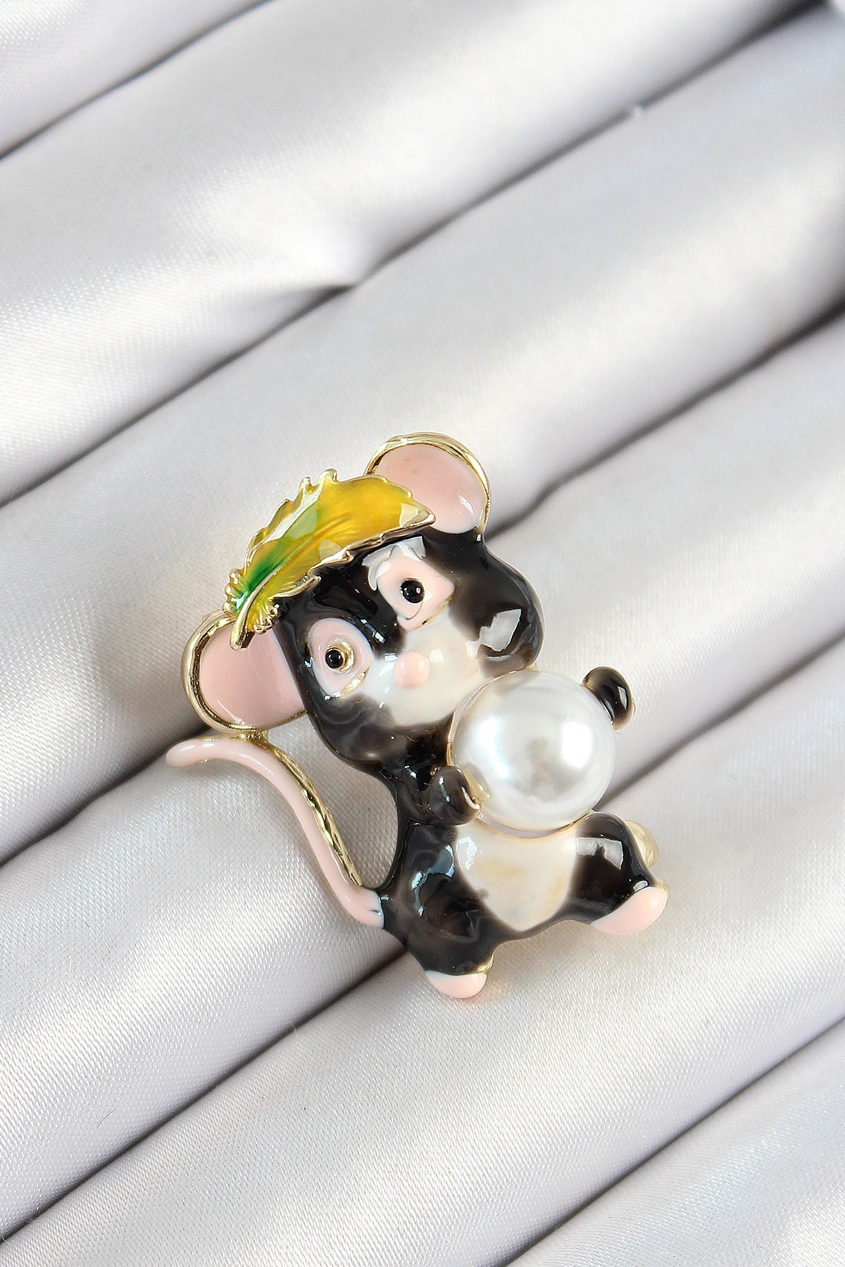 İnci Detaylı Siyah Ve Pembe 3D Sevimli Fare Figürlü Gold Renk Kadın Broş-0