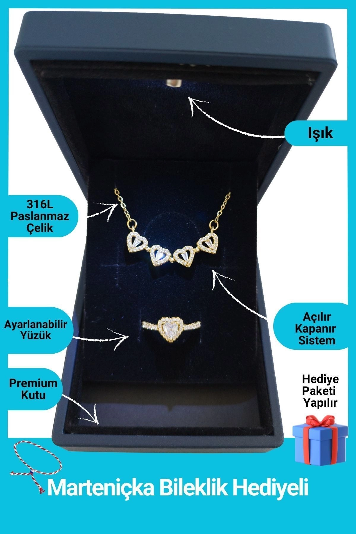 Işıklı Kutuda | 4 Kalpli Yonca Kolye Yüzük Set | Altın Renk | 316l Çelik - Kararmaz | Hediye Kadın-0
