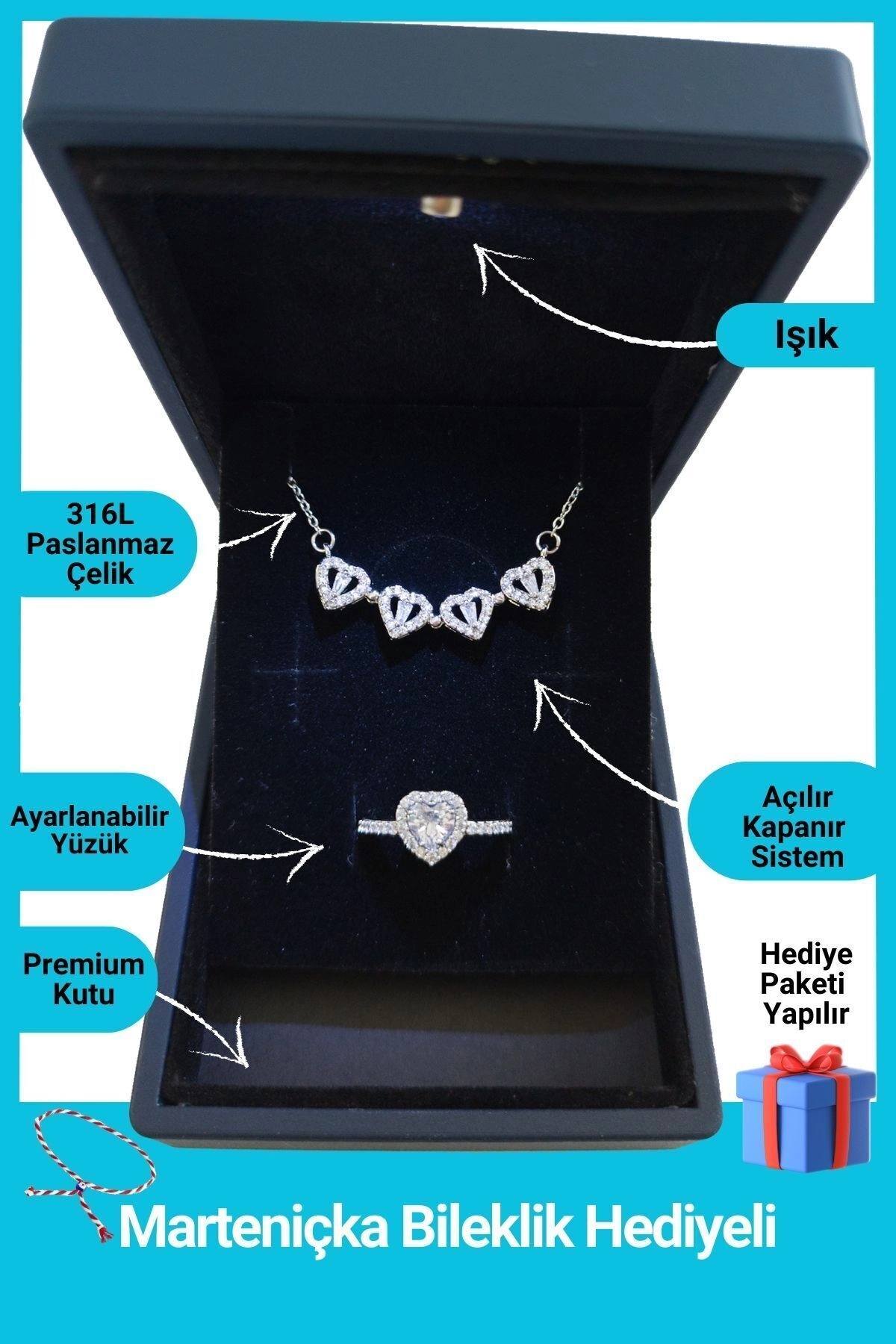 Işıklı Kutuda | 4 Kalpli Yonca Kolye Yüzük Set | Gümüş Renk | 316l Çelik - Kararmaz | Hediye Kadın-0