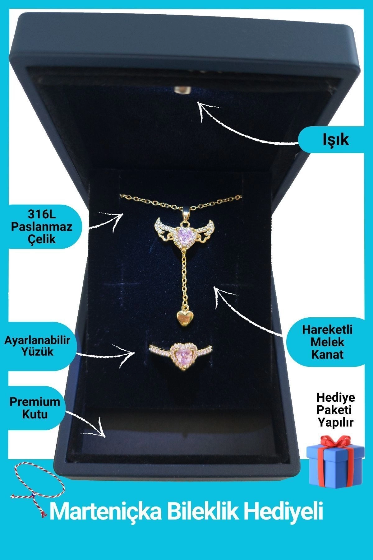 Işıklı Kutuda | Melek Kanatlı Kolye Yüzük Set | Altın Renk | 316l Çelik - Kararmaz | Hediye Kadın-0