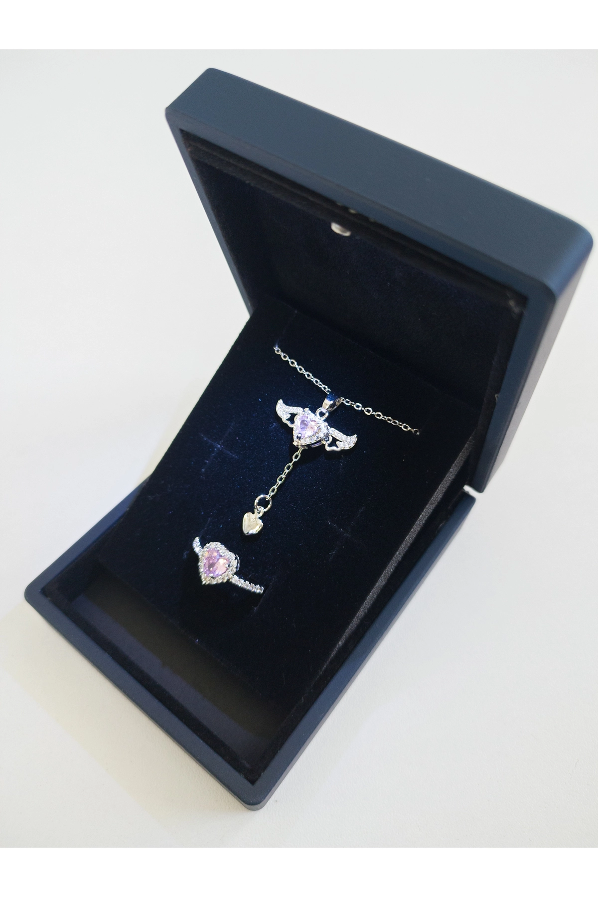 Işıklı Kutuda | Melek Kanatlı Kolye Yüzük Set | Gümüş Renk | 316l Çelik - Kararmaz | Hediye Kadın-3