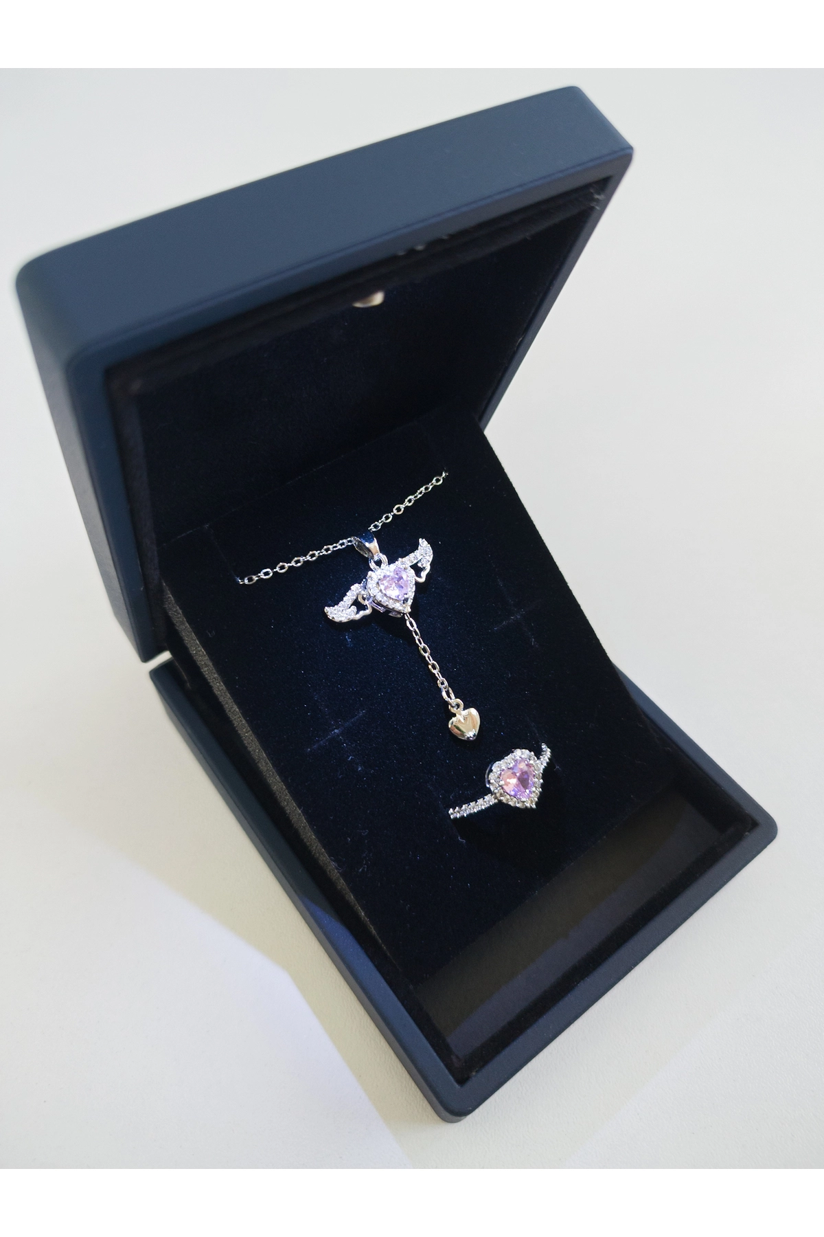 Işıklı Kutuda | Melek Kanatlı Kolye Yüzük Set | Gümüş Renk | 316l Çelik - Kararmaz | Hediye Kadın-4