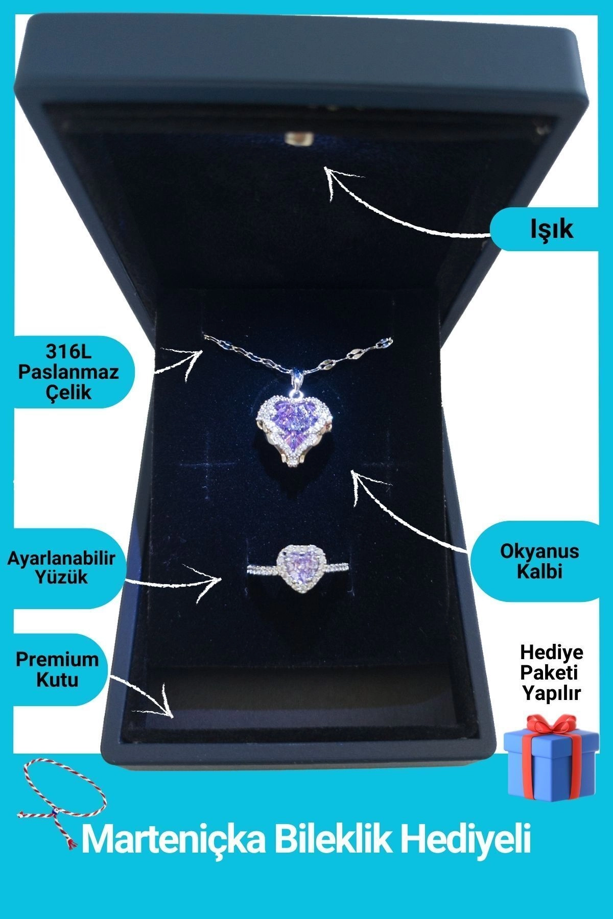 Işıklı Kutuda | Mor Okyanus Kalbi Yüzük Set | 316l Çelik - Kararmaz | Hediye Kadın-0