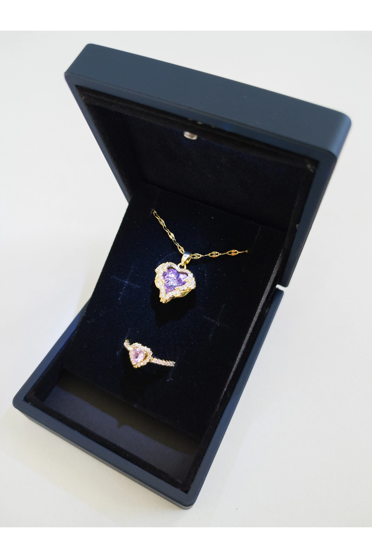 Işıklı Kutuda | Pembe Okyanus Kalbi Yüzük Set | 316l Çelik - Kararmaz | Hediye Kadın-3