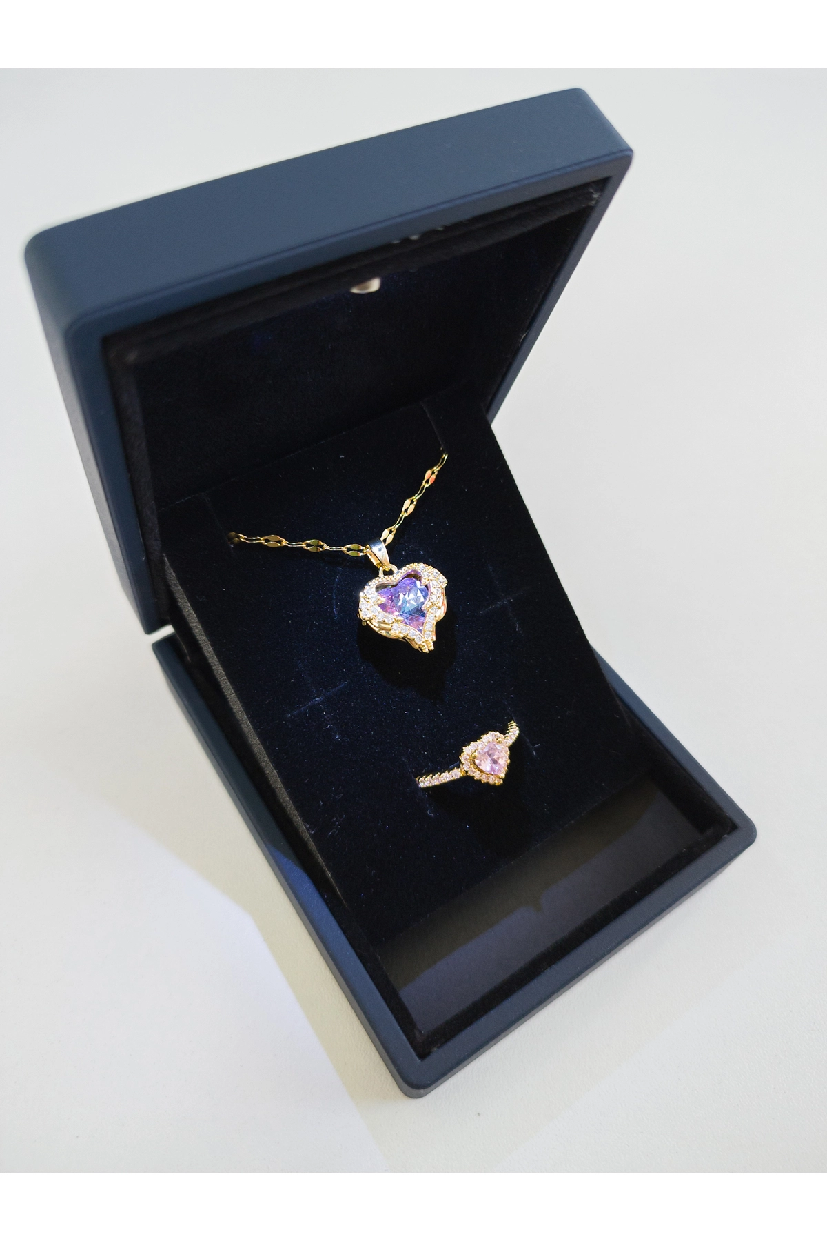 Işıklı Kutuda | Pembe Okyanus Kalbi Yüzük Set | 316l Çelik - Kararmaz | Hediye Kadın-4