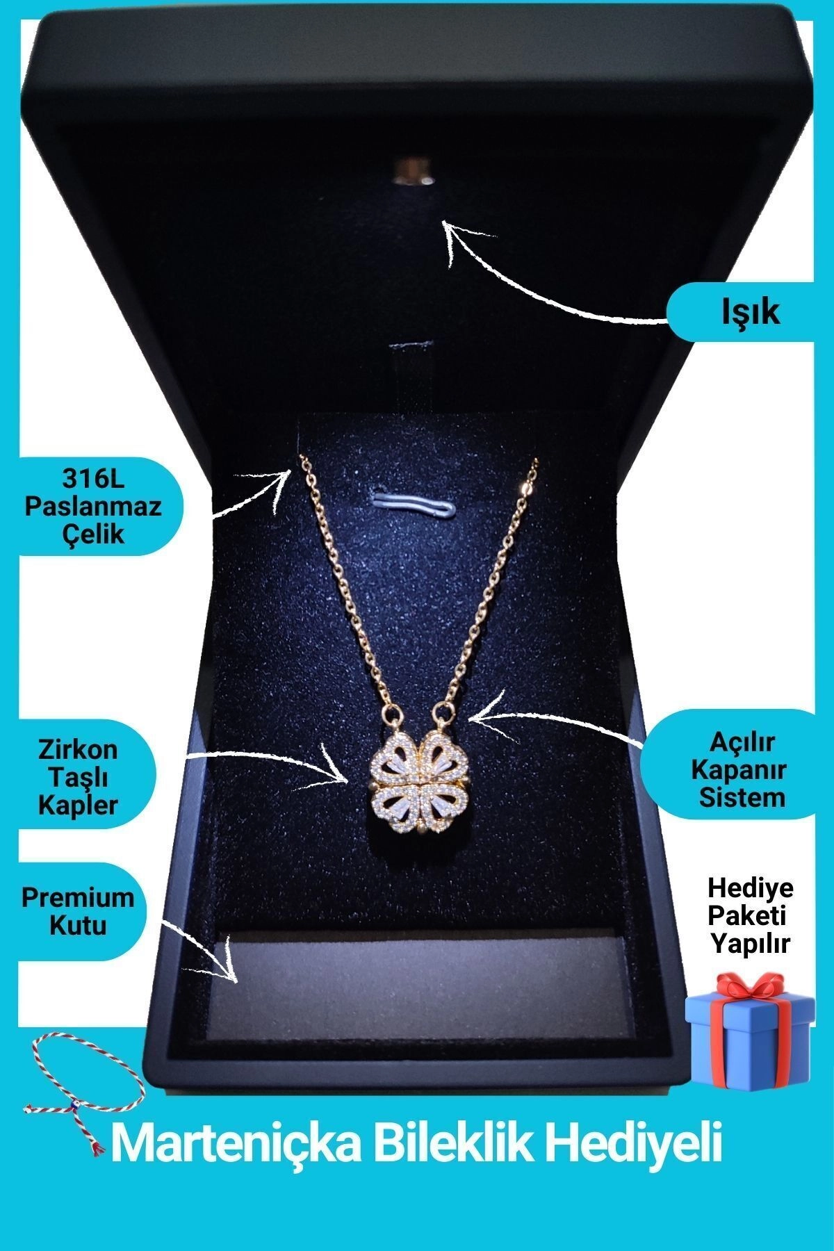 Işıklı Premium Kutuda | 4 Kalpli Yonca Kolye | Mıknatıslı | 316l Çelik - Kararmaz | Hediye Kadın-0