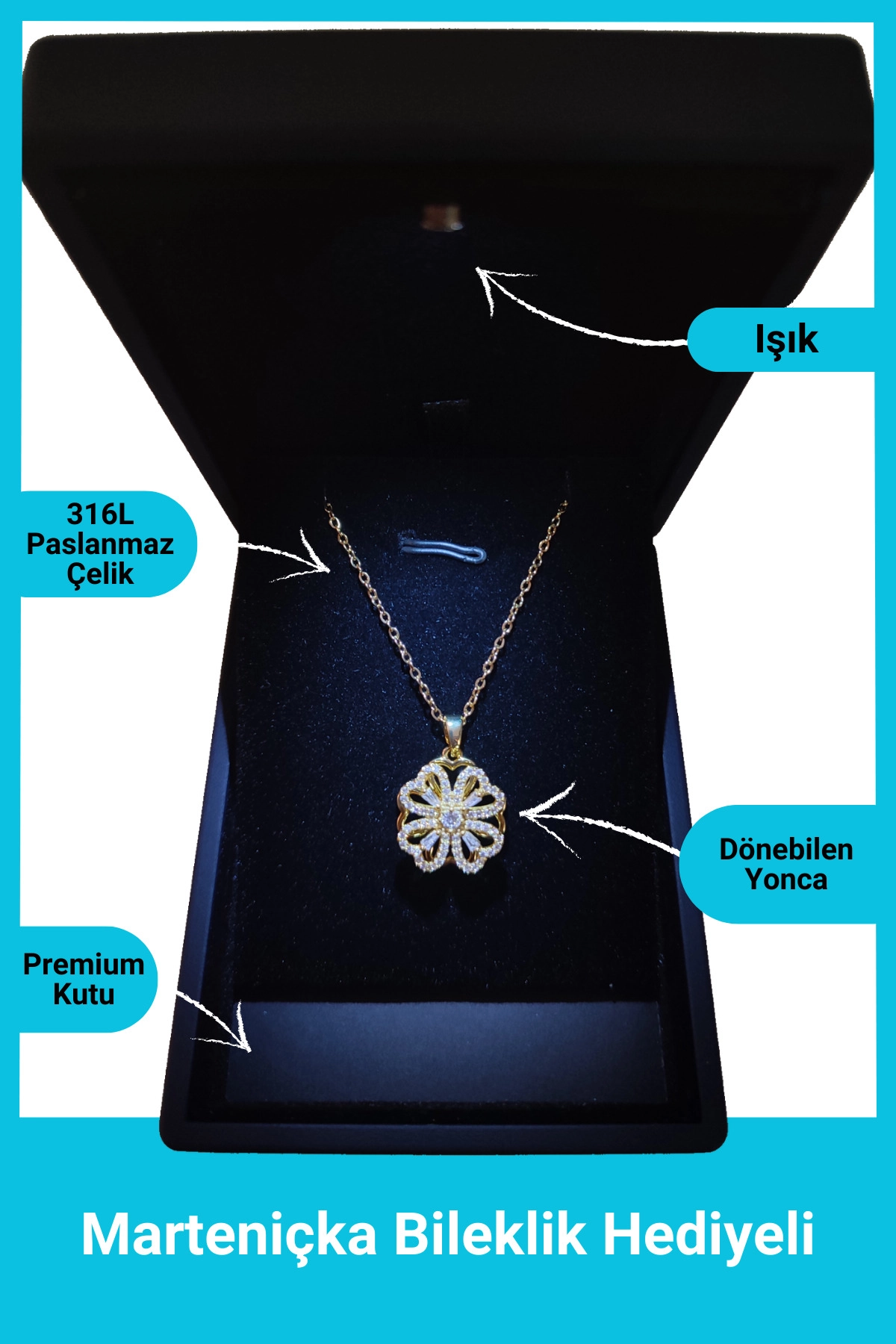Işıklı Premium Kutuda | Dönen Yonca Kolye | 316l Çelik - Kararmaz | Hediye Kadın-0