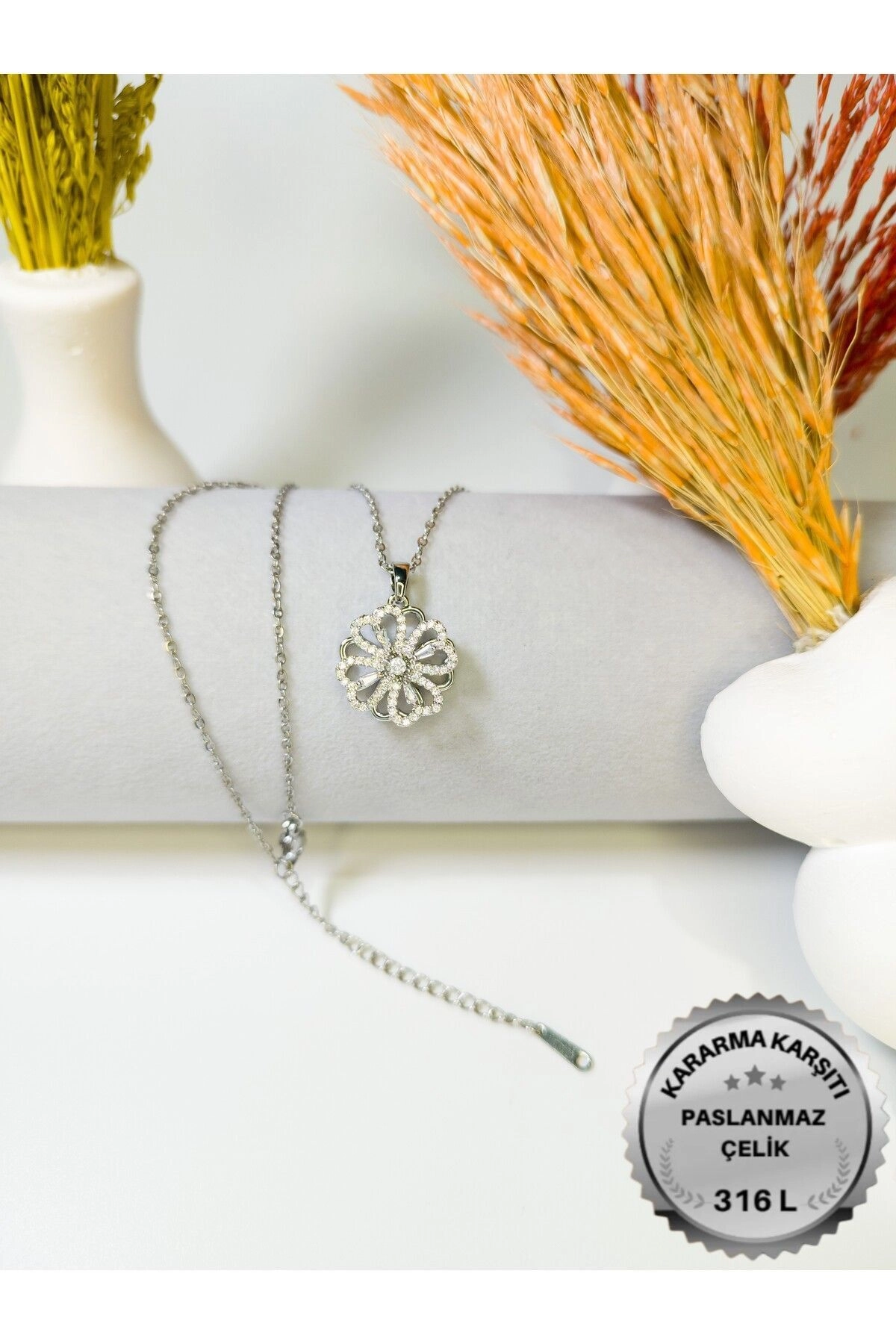 Işıklı Premium Kutuda | Dönen Yonca Kolye | Gümüş Renk | 316l Çelik - Kararmaz | Hediye Kadın-4