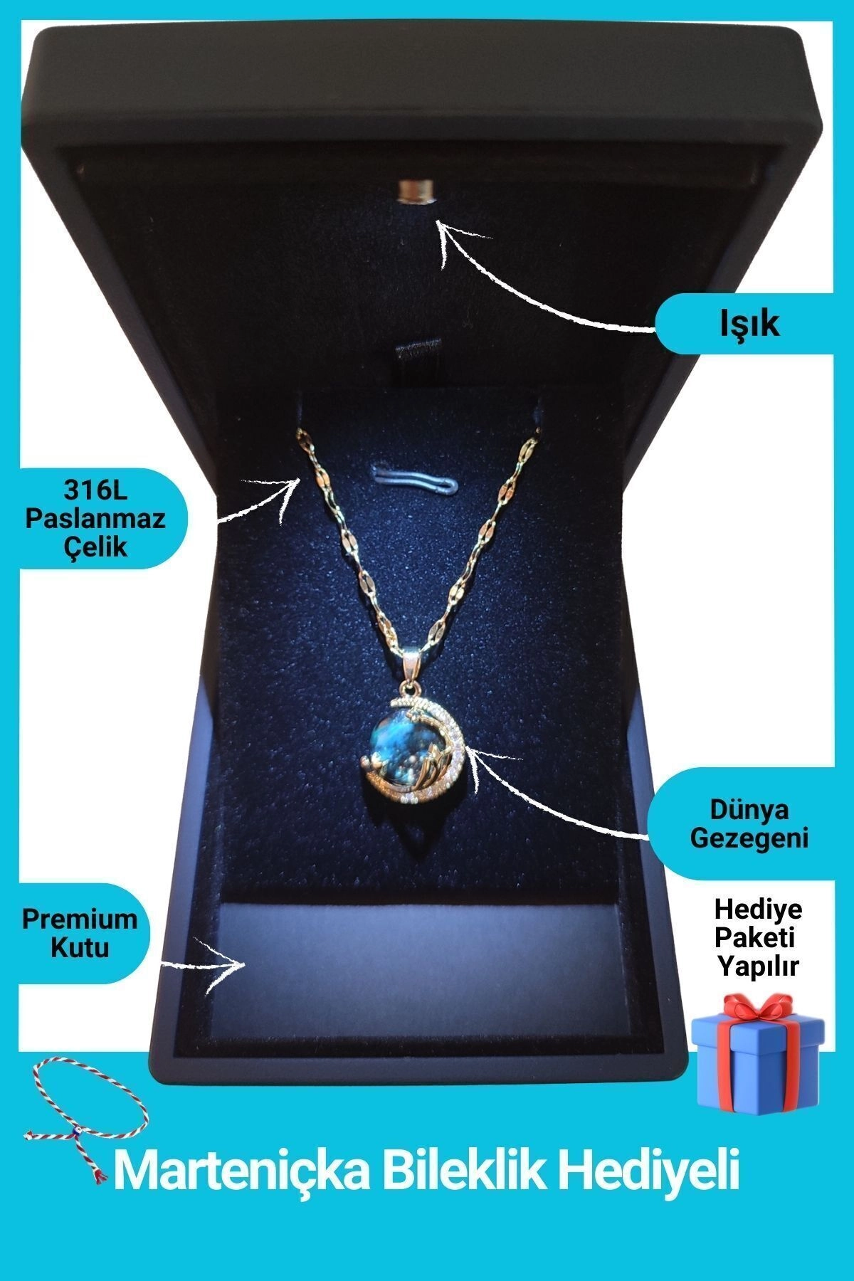 Işıklı Premium Kutuda | Gökyüzü - Gezegen Kolye | 316l Çelik - Kararmaz | Hediye Kadın | Uzay Dünya-0