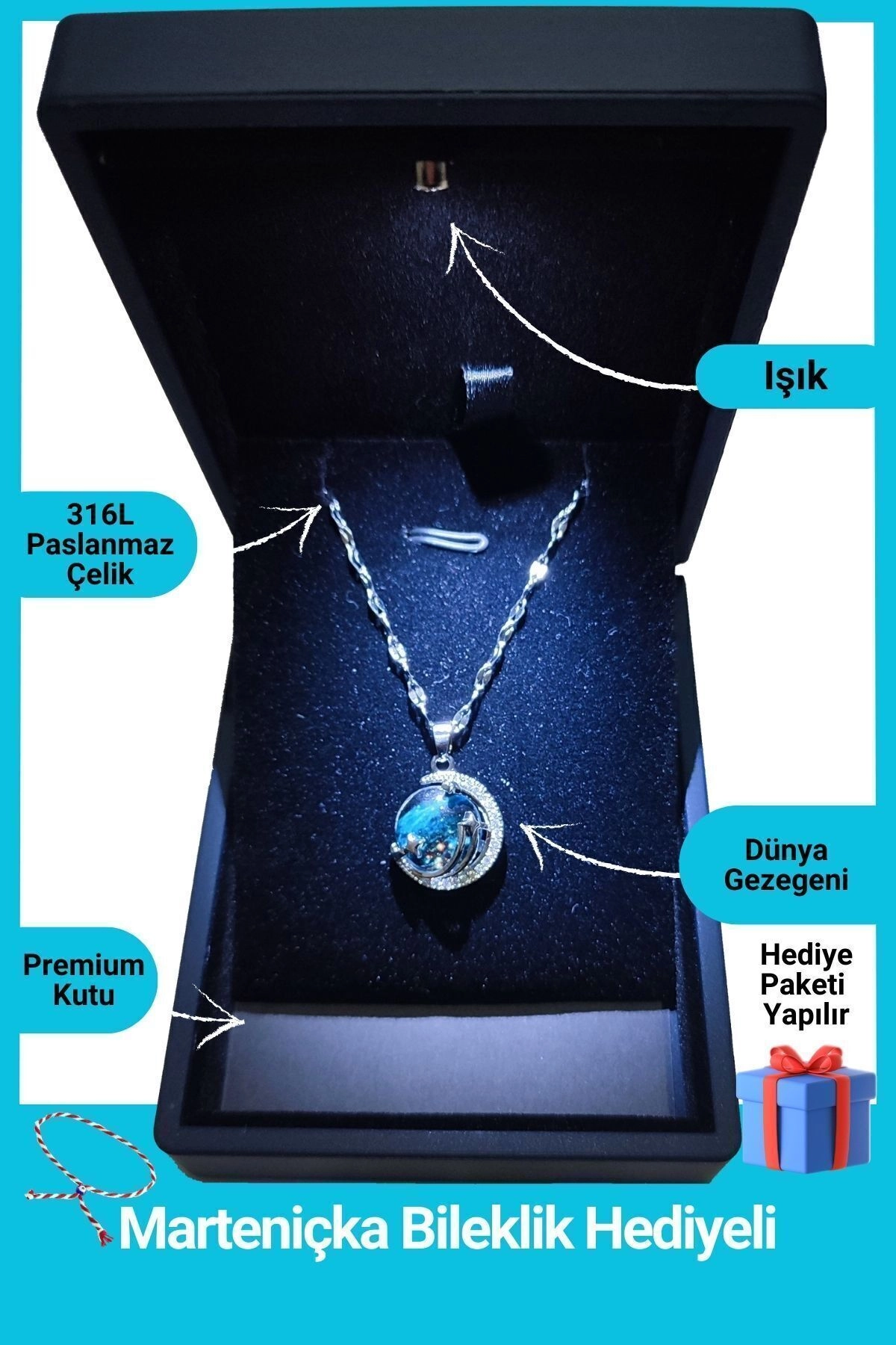 Işıklı Premium Kutuda | Gökyüzü - Gezegen Kolye | 316l Çelik - Kararmaz | Hediye Kadın | Uzay Dünya-0