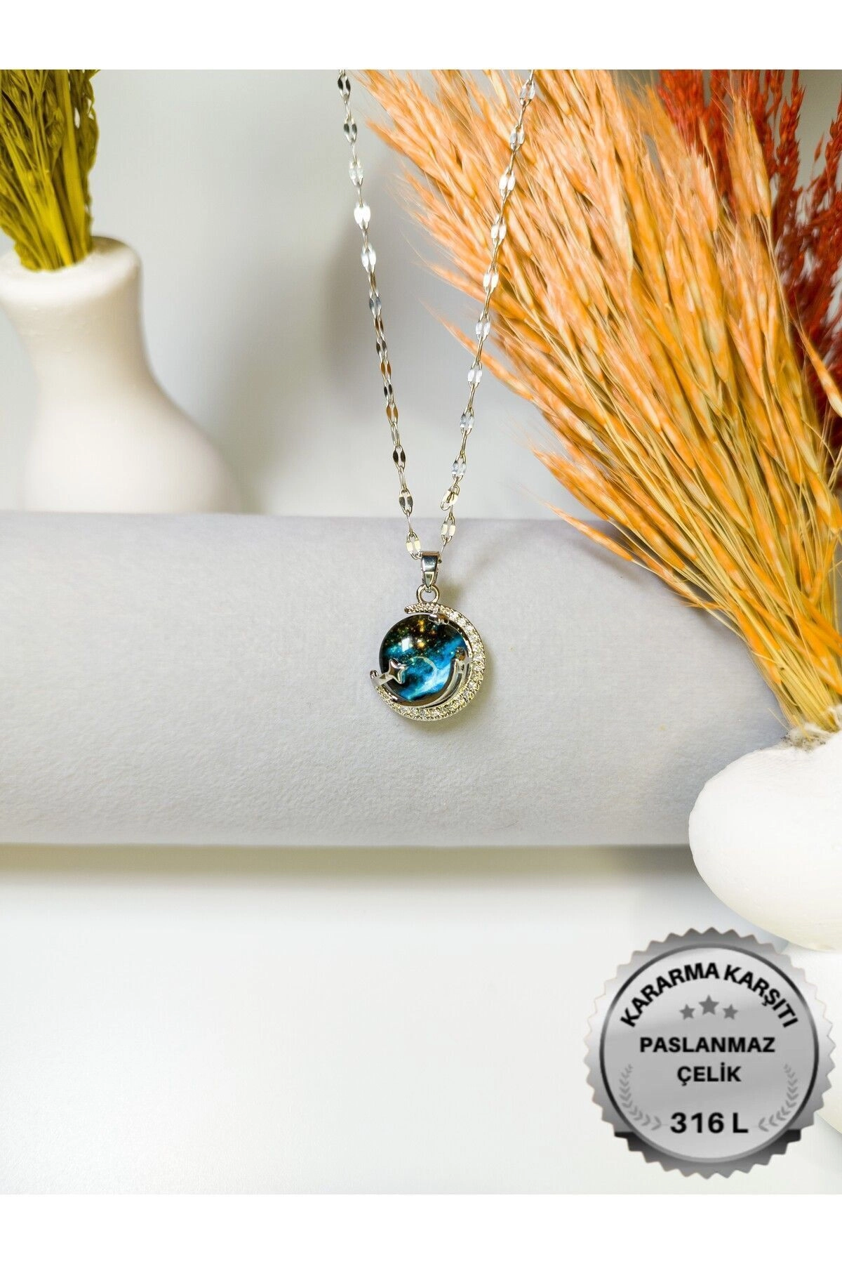 Işıklı Premium Kutuda | Gökyüzü - Gezegen Kolye | 316l Çelik - Kararmaz | Hediye Kadın | Uzay Dünya-3