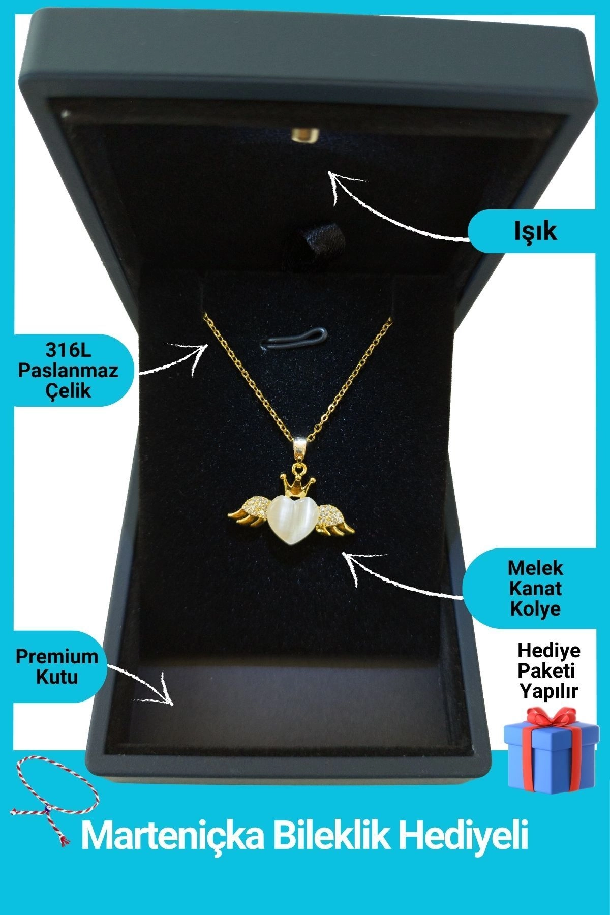 Işıklı Premium Kutuda | Kanatlı Kalp Kolye | 316l Çelik - Kararmaz | Hediye Kadın-0