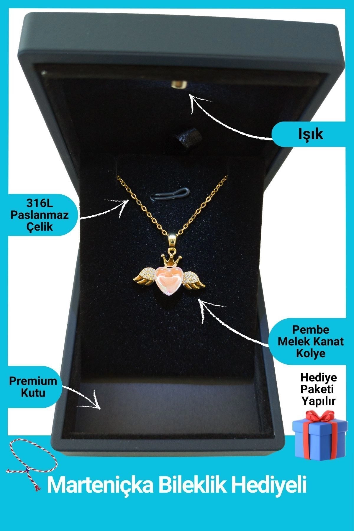 Işıklı Premium Kutuda | Kanatlı Pembe Kalp Kolye | 316l Çelik - Kararmaz | Hediye Kadın-0