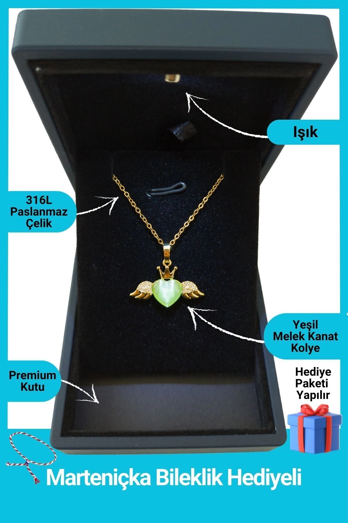 Işıklı Premium Kutuda | Kanatlı Yeşil Kalp Kolye | 316l Çelik - Kararmaz | Hediye Kadın-0