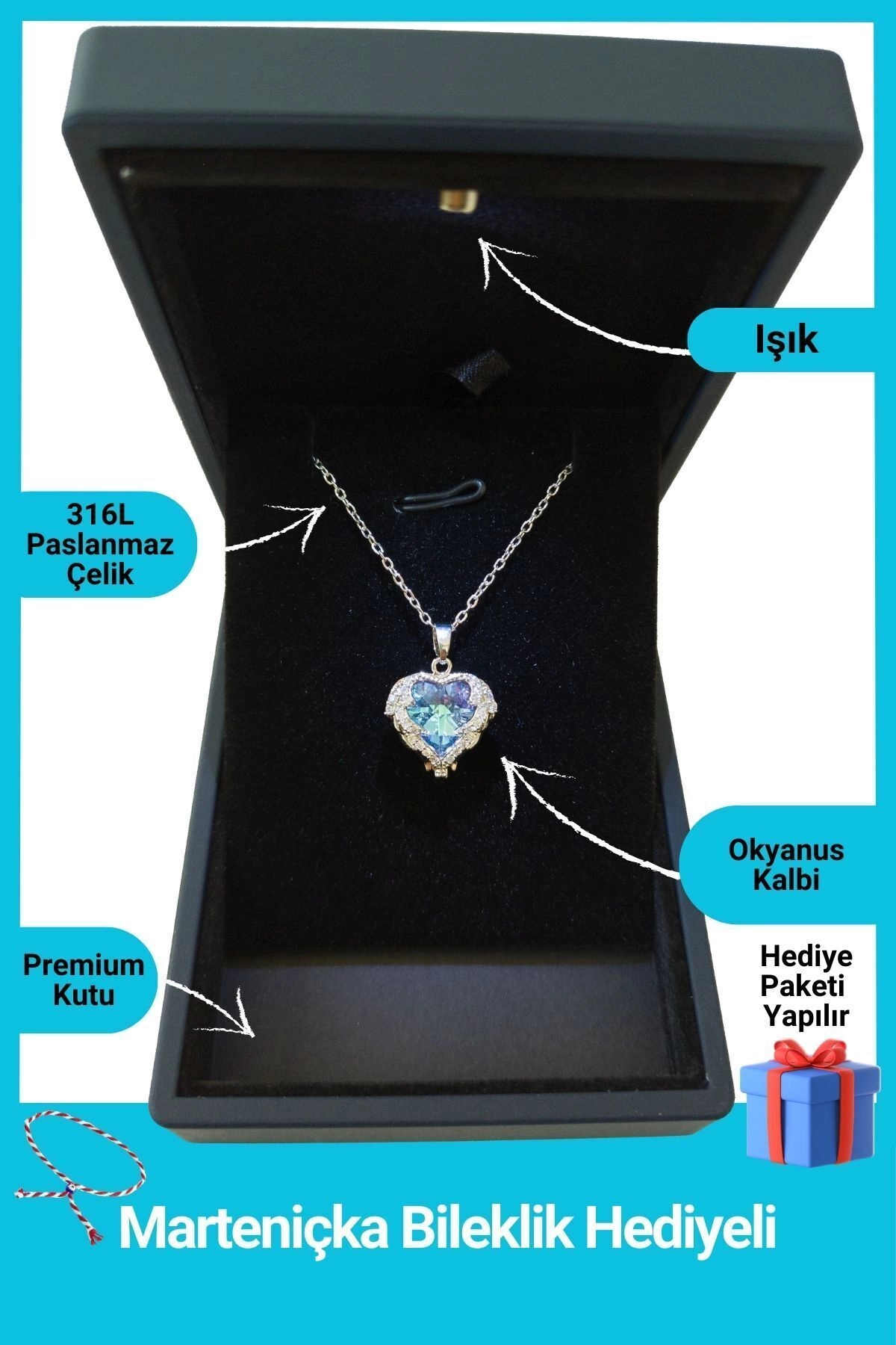 Işıklı Premium Kutuda | Mavi Taşlı Okyanus Kalp Kolye Gümüş | 316l Çelik - Kararmaz | Hediye Kadın-0