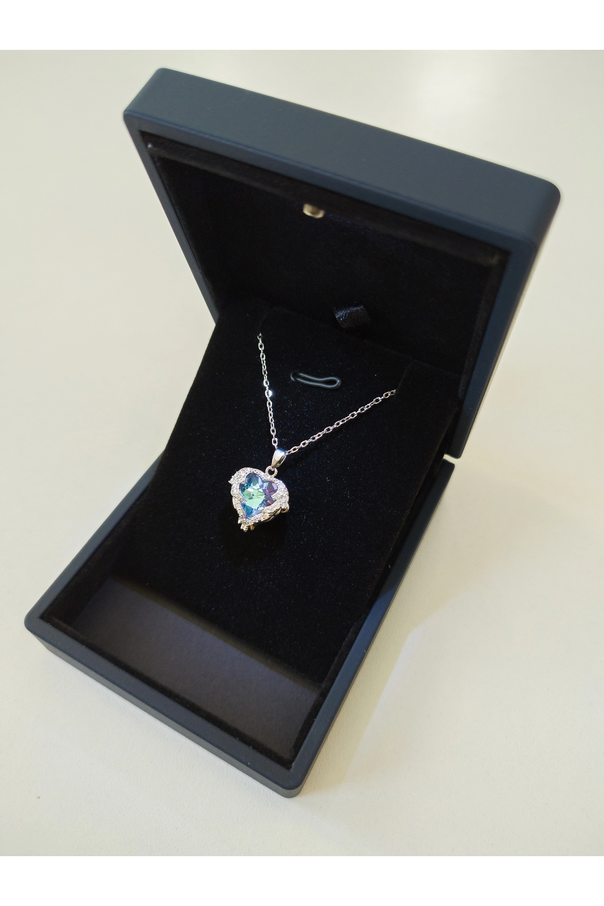 Işıklı Premium Kutuda | Mavi Taşlı Okyanus Kalp Kolye Gümüş | 316l Çelik - Kararmaz | Hediye Kadın-3