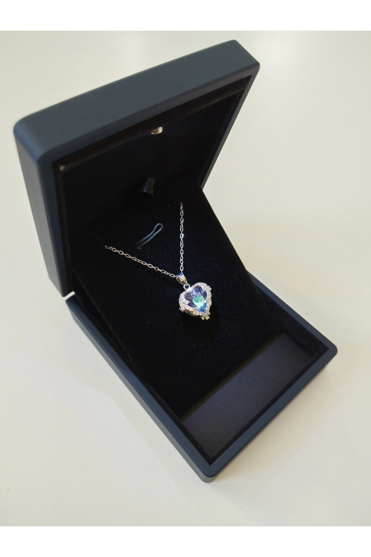 Işıklı Premium Kutuda | Mavi Taşlı Okyanus Kalp Kolye Gümüş | 316l Çelik - Kararmaz | Hediye Kadın-4