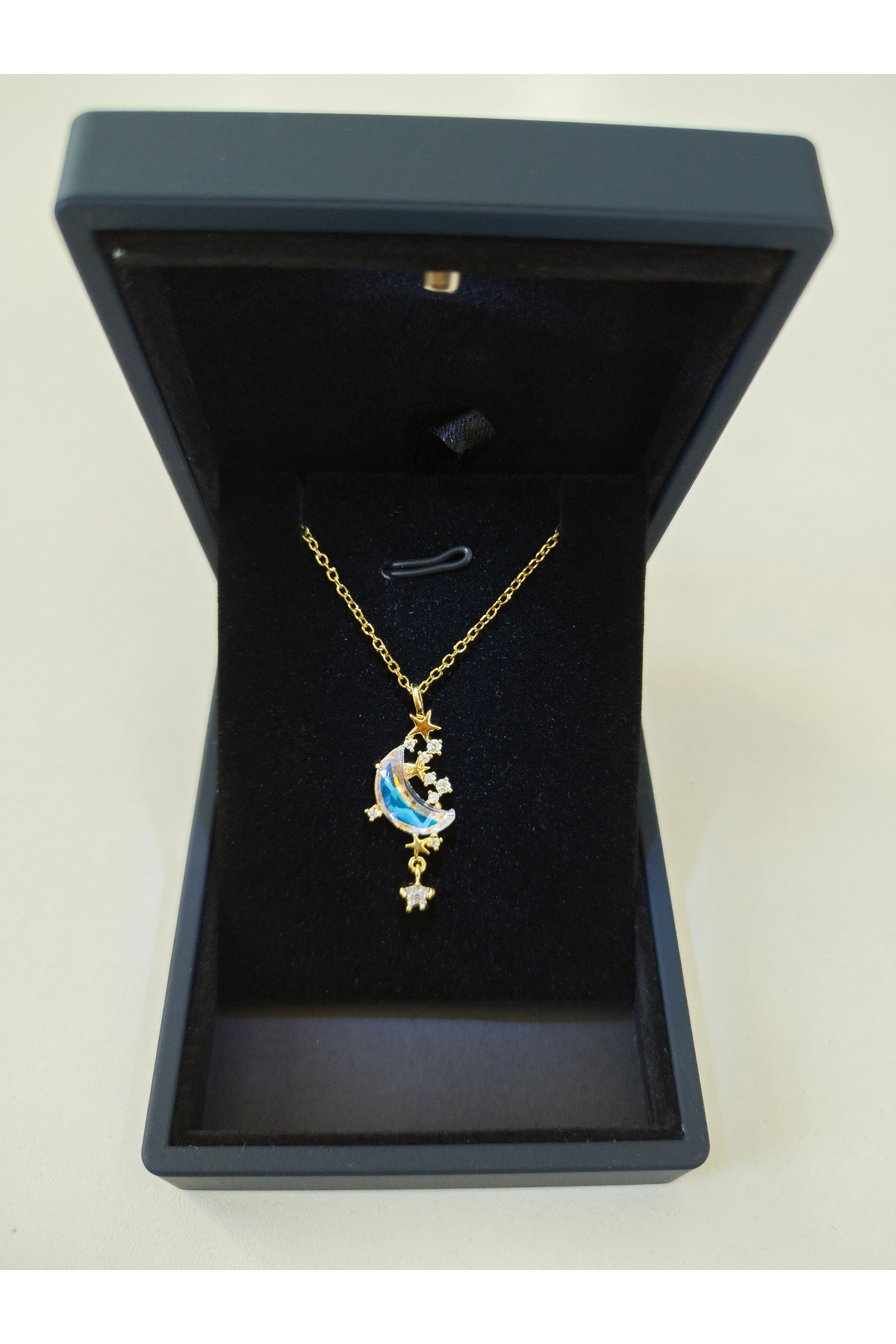 Işıklı Premium Kutuda | Opal Taşlı Ay Kolye Gold | 316l Çelik - Kararmaz | Hediye Kadın-0