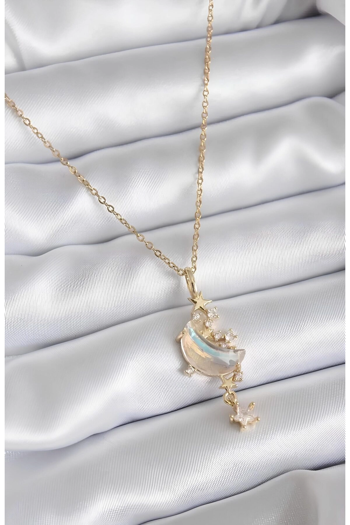 Işıklı Premium Kutuda | Opal Taşlı Ay Kolye Gold | 316l Çelik - Kararmaz | Hediye Kadın-3
