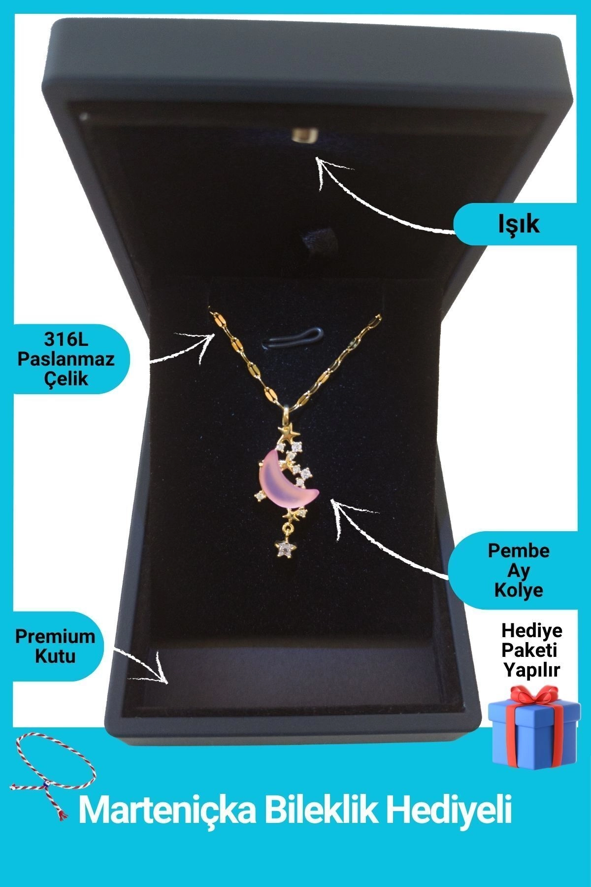 Işıklı Premium Kutuda Opal Taşlı Pembe Ay Kolye | 316l Çelik - Kararmaz | Hediye Kadın-0
