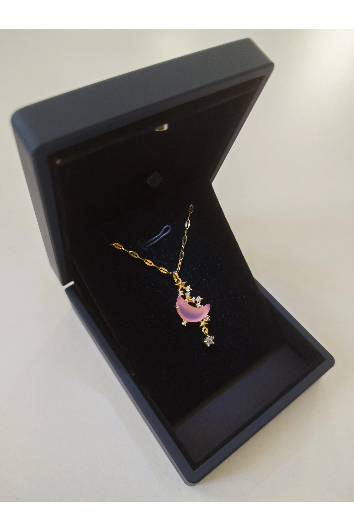 Işıklı Premium Kutuda Opal Taşlı Pembe Ay Kolye | 316l Çelik - Kararmaz | Hediye Kadın-3