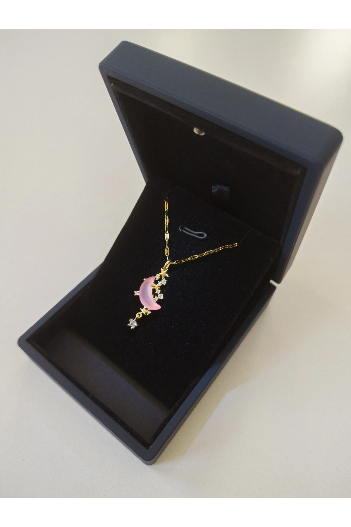 Işıklı Premium Kutuda Opal Taşlı Pembe Ay Kolye | 316l Çelik - Kararmaz | Hediye Kadın-4