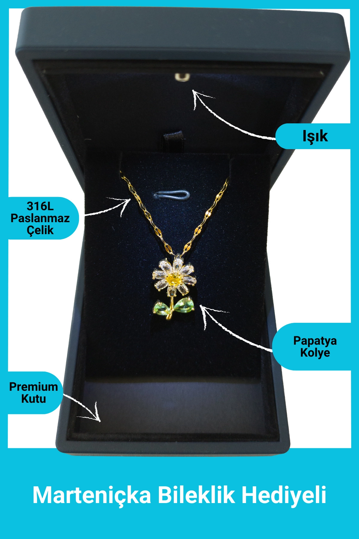 Işıklı Premium Kutuda | Papatya Kolye | 316l Çelik - Kararmaz | Hediye Kadın-0