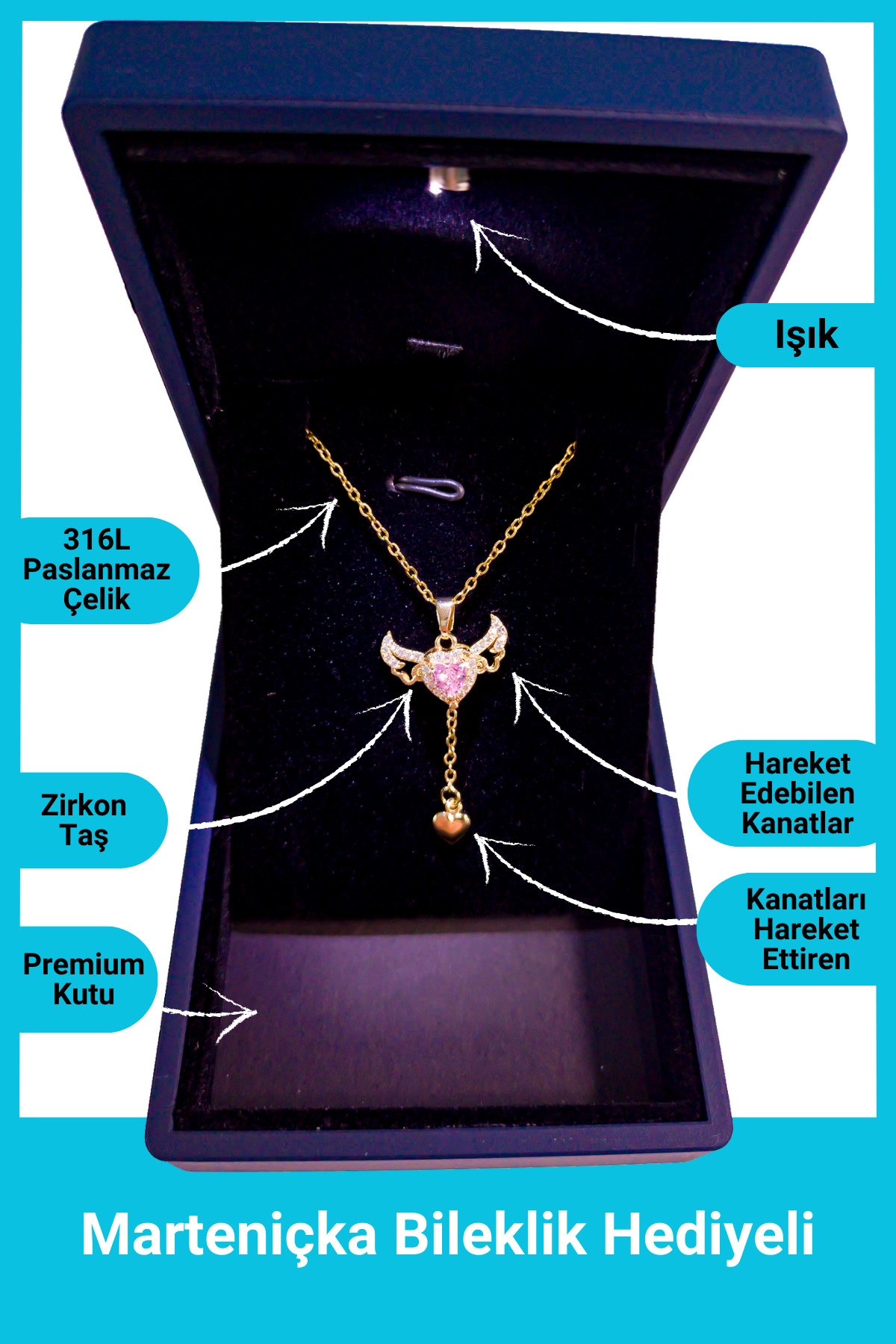 Işıklı Premium Kutuda | Pembe Taşlı Melek Kanatlı Kalp Kolye | 316l Çelik - Kararmaz | Hediye Kadın-0
