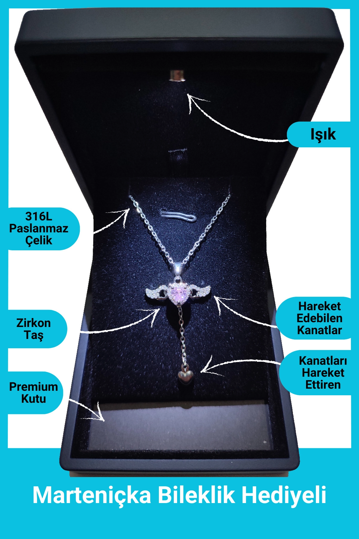 Işıklı Premium Kutuda | Pembe Taşlı Melek Kanatlı Kalp Kolye | 316l Çelik - Kararmaz | Hediye Kadın-0