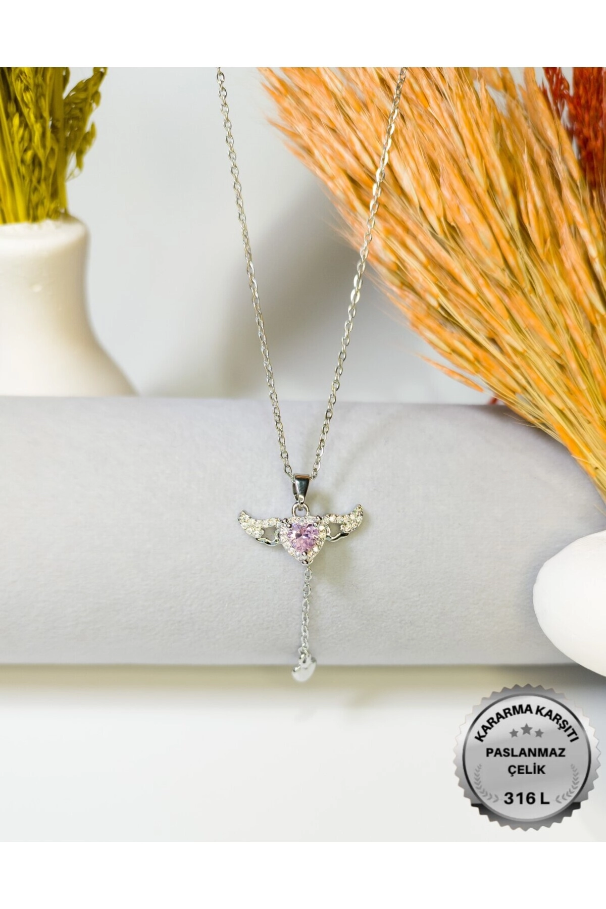 Işıklı Premium Kutuda | Pembe Taşlı Melek Kanatlı Kalp Kolye | 316l Çelik - Kararmaz | Hediye Kadın-3