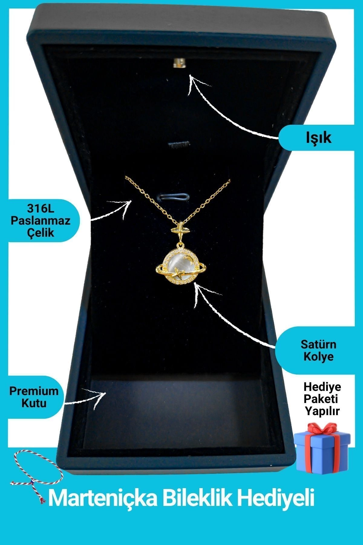 Işıklı Premium Kutuda Satürn Star Kolye Gold | 316l Çelik - Kararmaz | Hediye Kadın-0