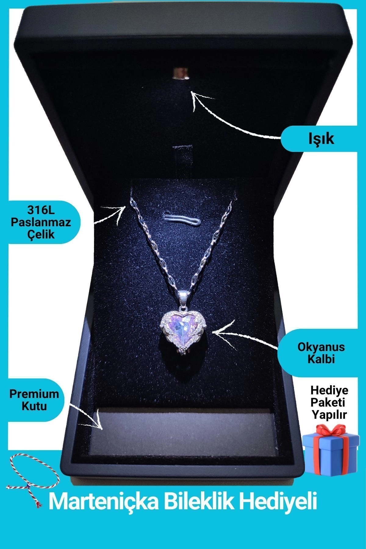 Işıklı Premium Kutuda | Zirkon Taşlı Kalp Kolye | 316l Çelik - Kararmaz | Hediye Kadın | Gümüş Renk-0