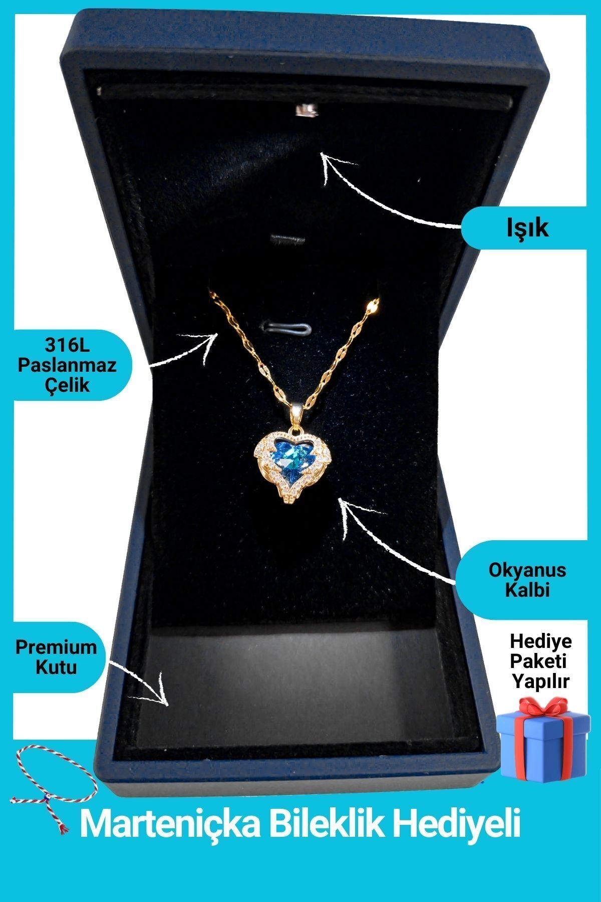 Işıklı Premium Kutuda | Zirkon Taşlı Kalp Kolye | 316l Çelik - Kararmaz | Hediye Kadın | Mavi Renk-0