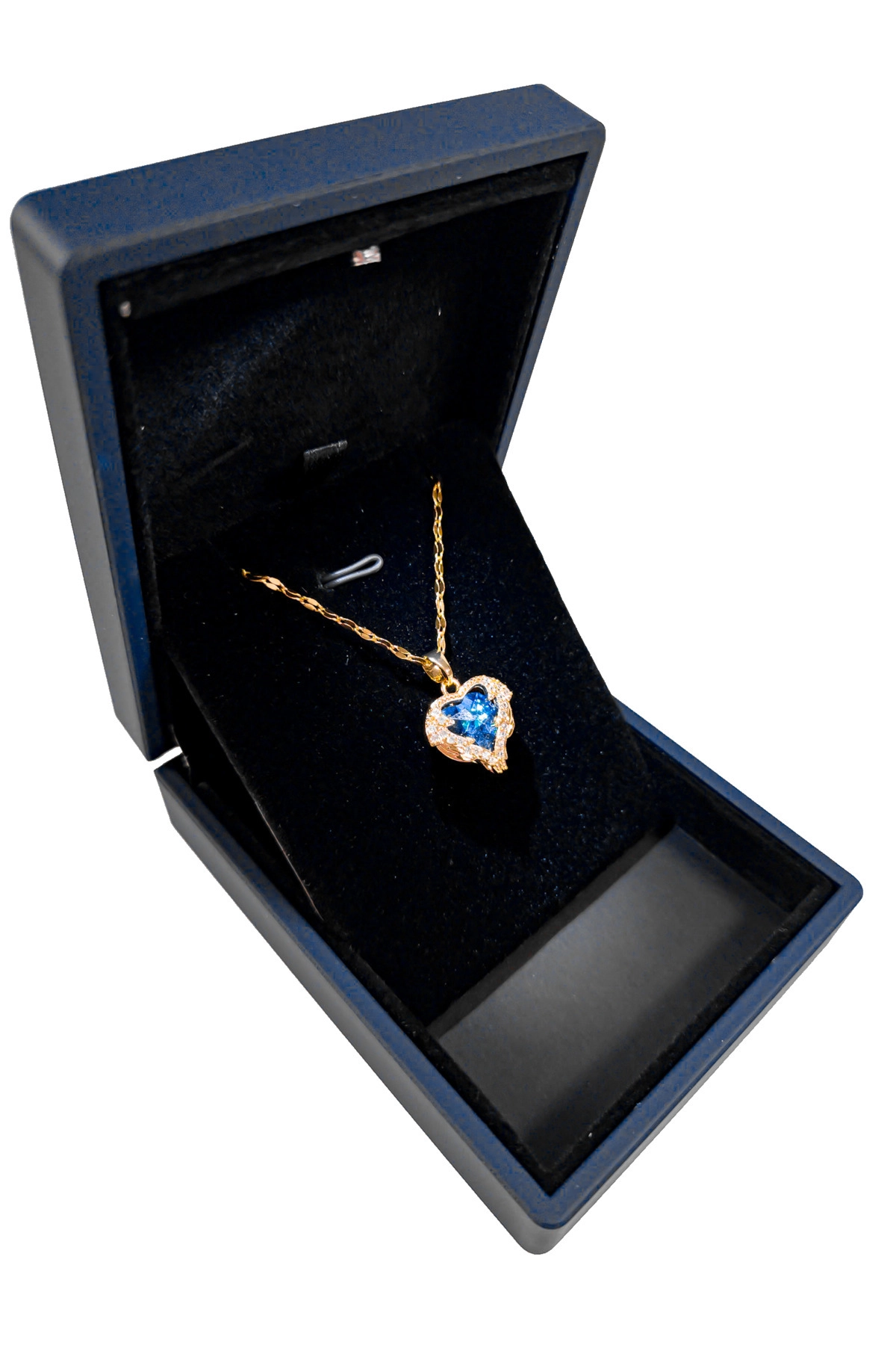 Işıklı Premium Kutuda | Zirkon Taşlı Kalp Kolye | 316l Çelik - Kararmaz | Hediye Kadın | Mavi Renk-3