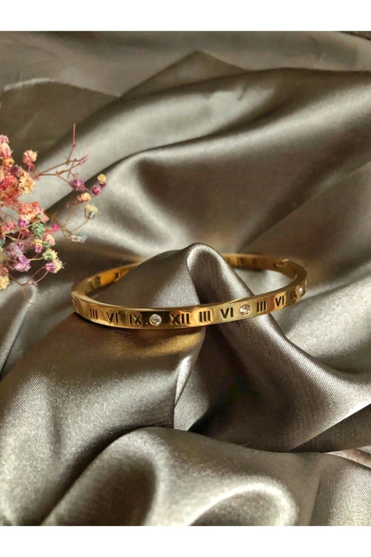 Kadın Çelik Roma Rakamlı Kararmaz Kelepçe Bileklik Gold | 316l Çelik - Kararmaz | Hediye Kadın-2