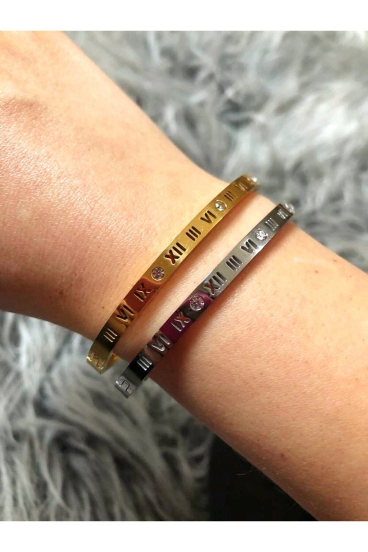Kadın Çelik Roma Rakamlı Kararmaz Kelepçe Bileklik Gold | 316l Çelik - Kararmaz | Hediye Kadın-4