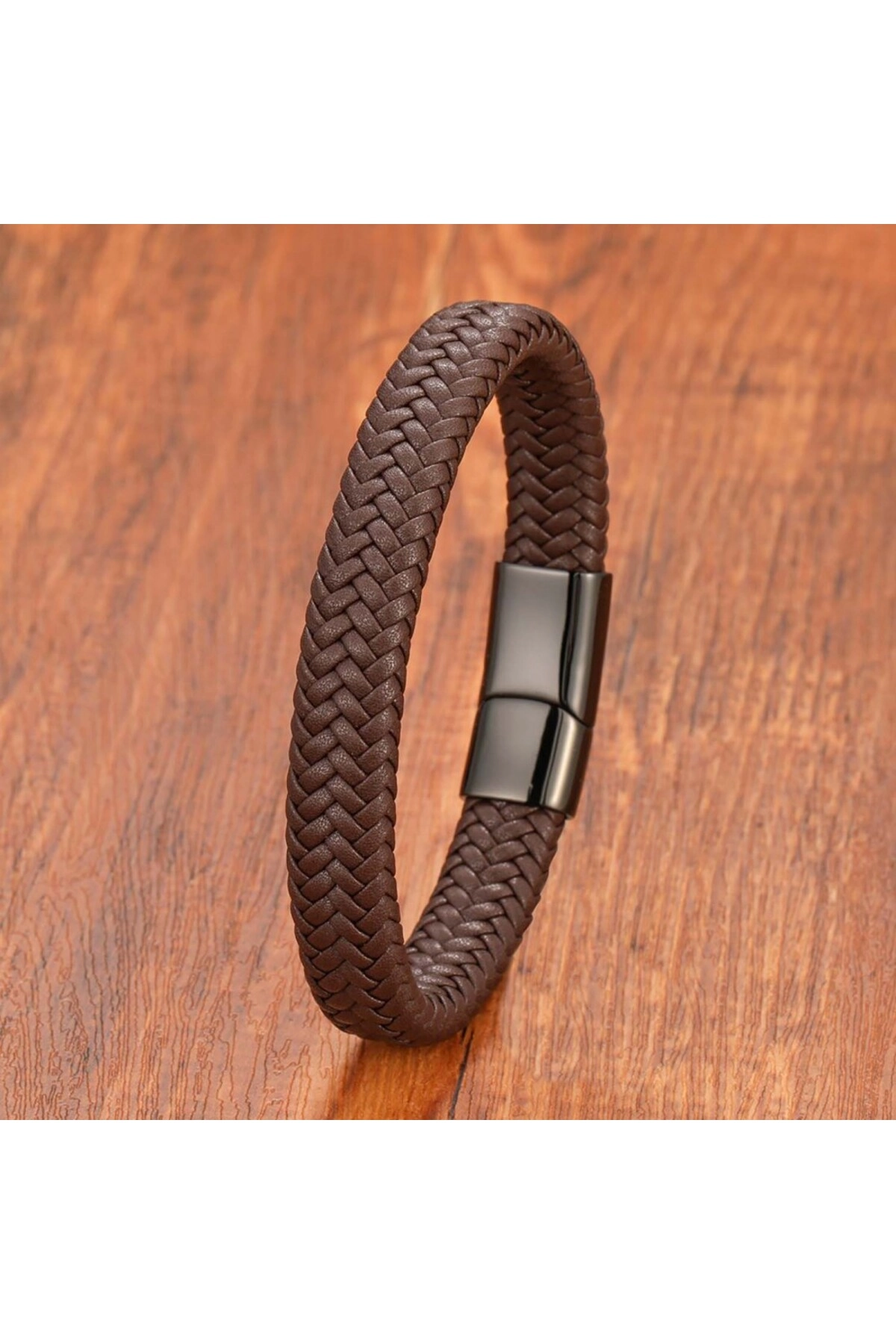 Kahve Deri Örgü Çelik Bileklik-1