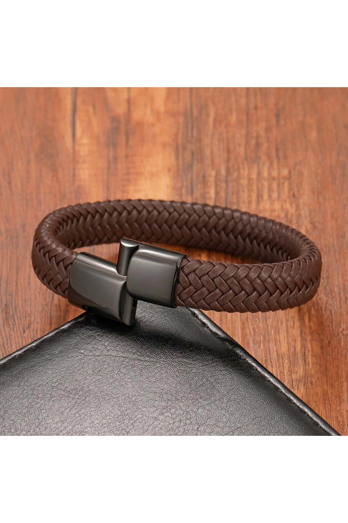Kahve Deri Örgü Çelik Bileklik-2