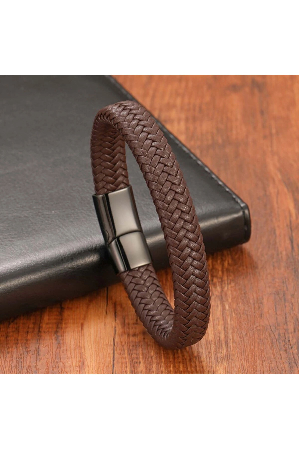Kahve Deri Örgü Çelik Bileklik-3