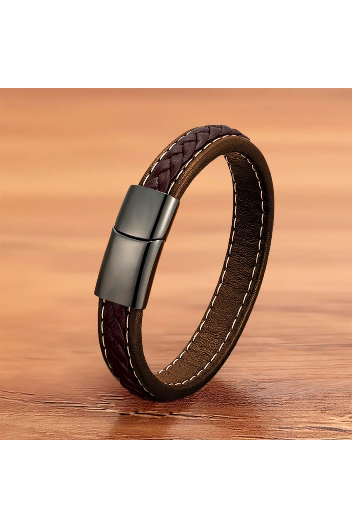 Kahve Kahve Saç Örgülü Deri Ve Çelik Bileklik-1