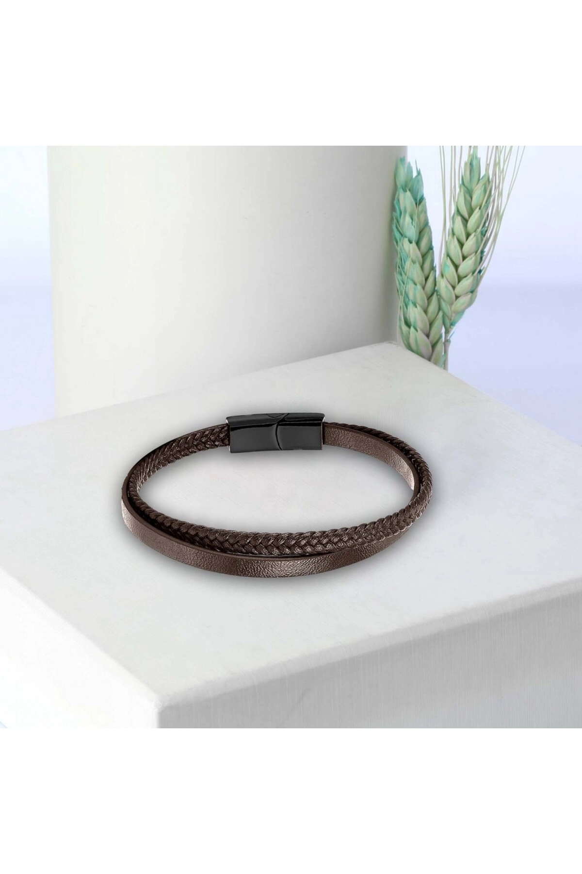 Kahverengi Deri Ve Saç Örgü İkili Çoklu Çelik Bileklik-1