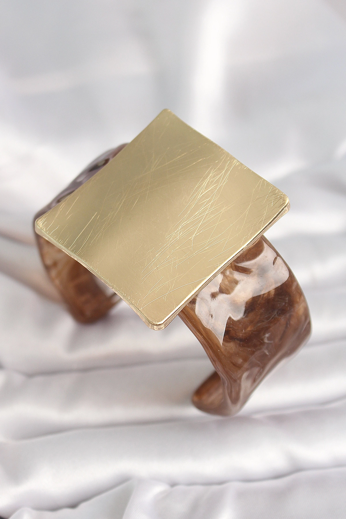 Kahverengi Mermer Desen Akrilik Plastik Gold Kare Plaka Model Vintage Kadın Bilezik-0