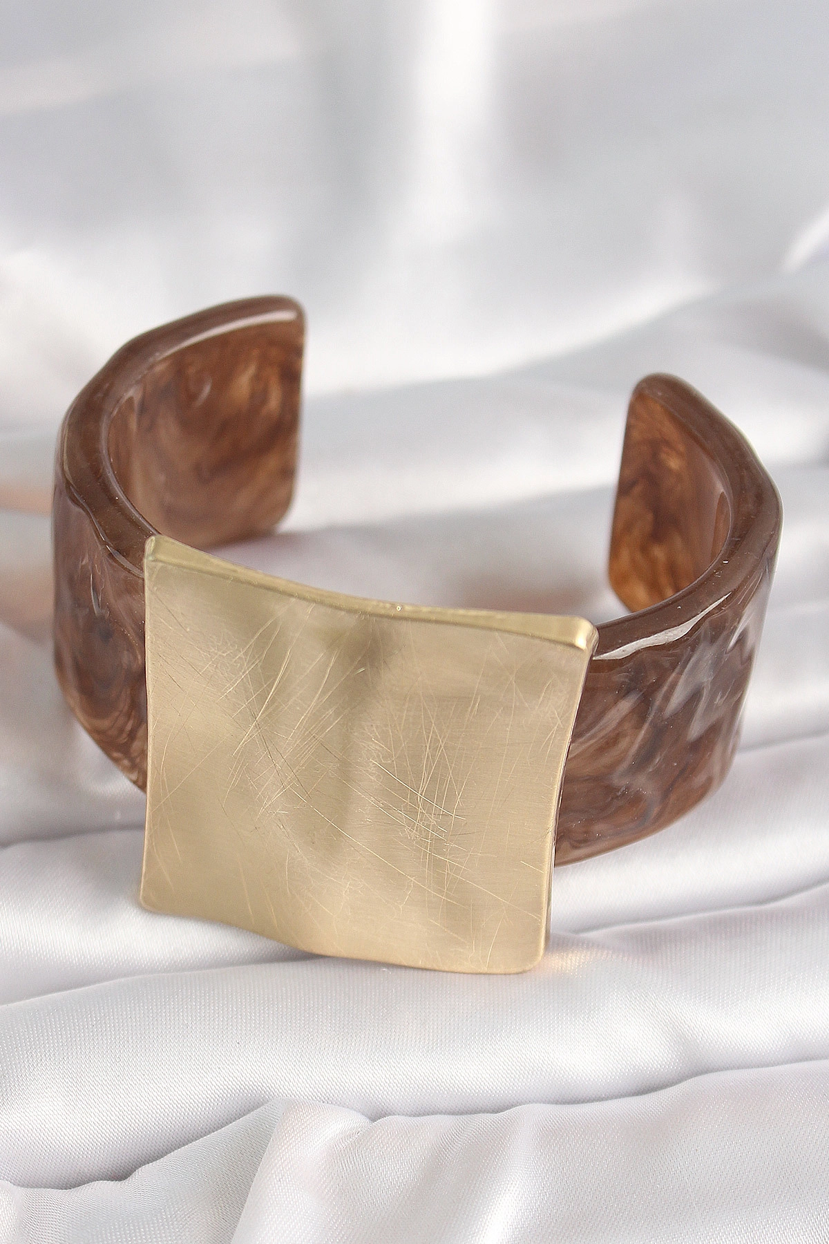 Kahverengi Mermer Desen Akrilik Plastik Gold Kare Plaka Model Vintage Kadın Bilezik-1