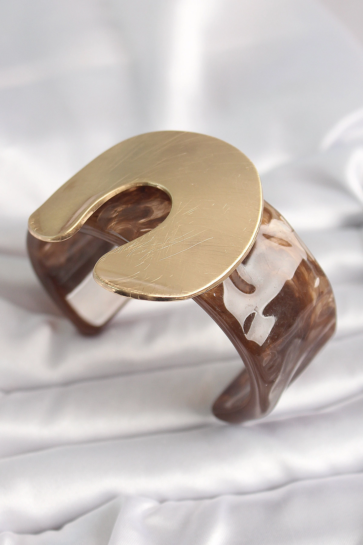 Kahverengi Mermer Desen Akrilik Plastik Gold Nal Model Plaka Vintage Kadın Bilezik-0