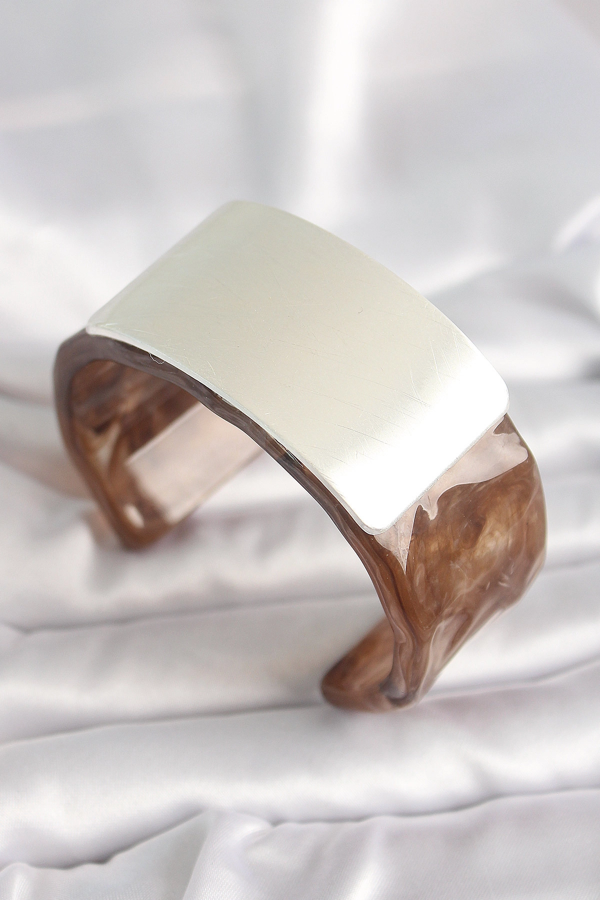 Kahverengi Mermer Desen Akrilik Plastik Gümüş Dikdörtgen Plaka Vintage Kadın Bilezik-0