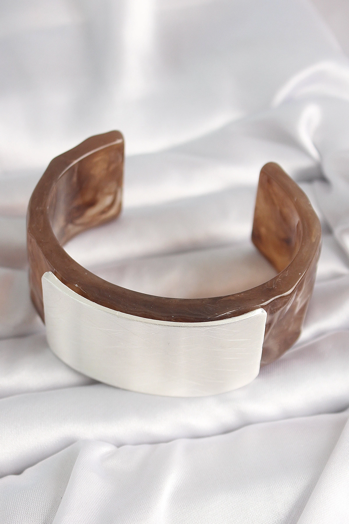 Kahverengi Mermer Desen Akrilik Plastik Gümüş Dikdörtgen Plaka Vintage Kadın Bilezik-1